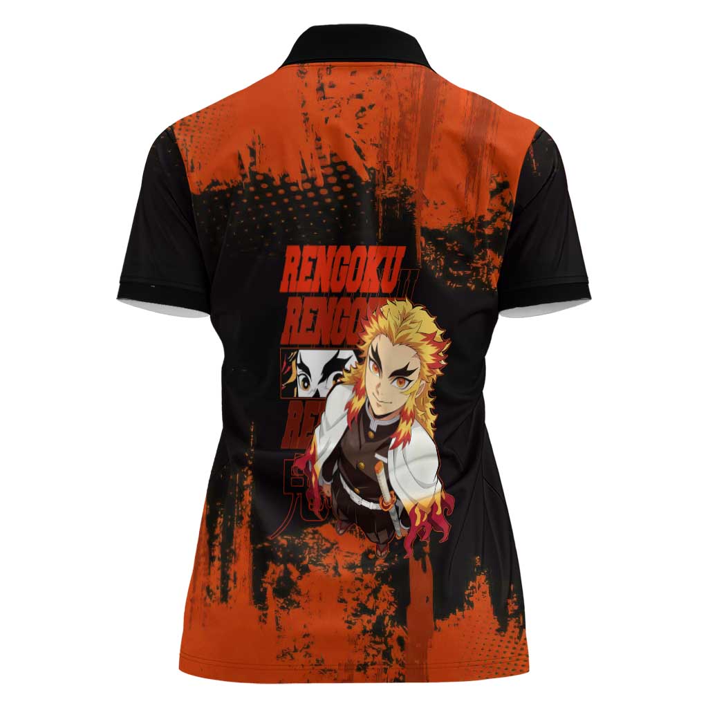 Kyojuro Rengoku Demon Slayer Black and Orange Grunge Design Women Polo Shirt with Bold Eyes and Flame Hashira Artwork - The Mazicc