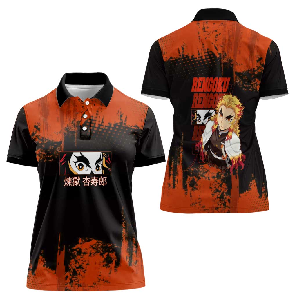 Kyojuro Rengoku Demon Slayer Black and Orange Grunge Design Women Polo Shirt with Bold Eyes and Flame Hashira Artwork - The Mazicc