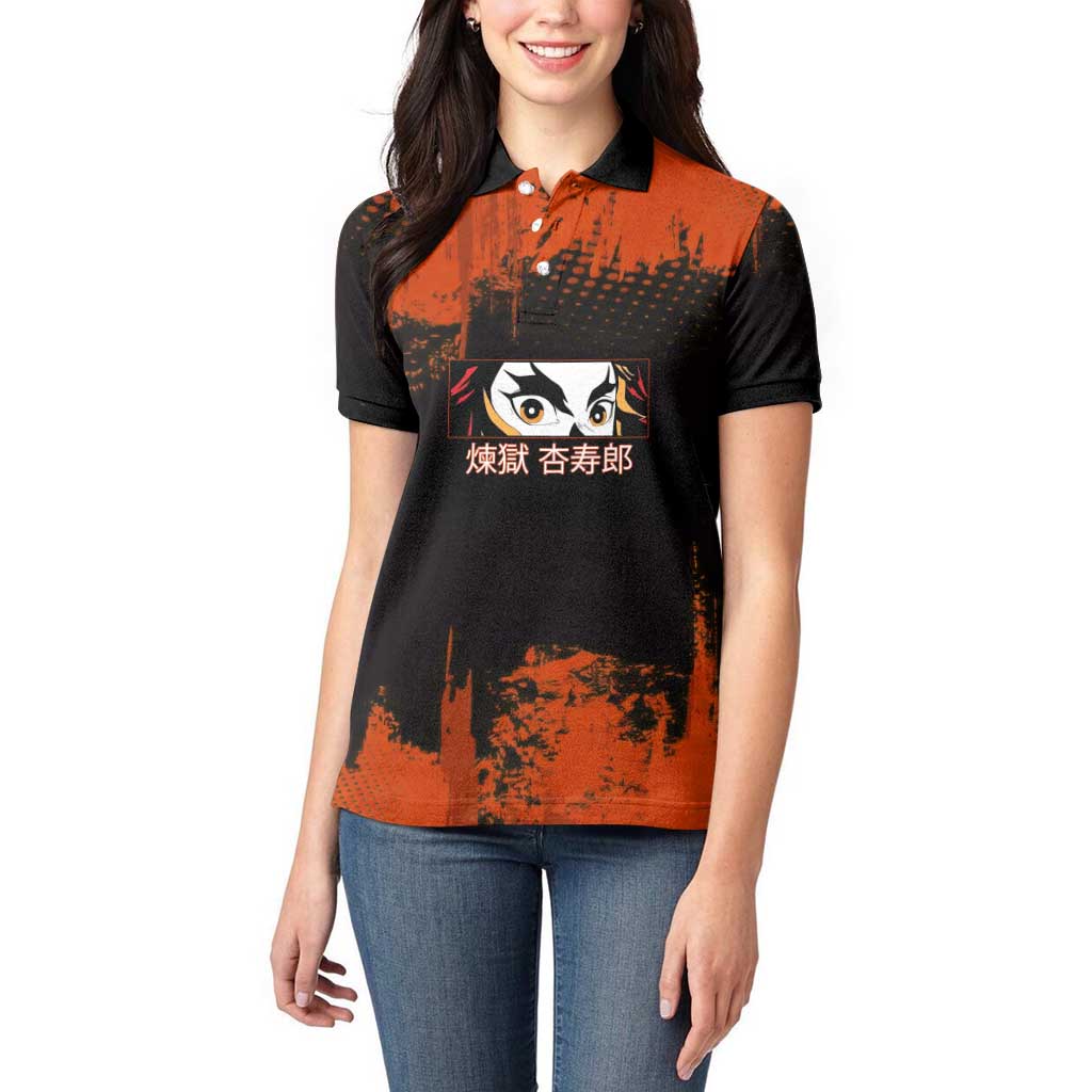 Kyojuro Rengoku Demon Slayer Black and Orange Grunge Design Women Polo Shirt with Bold Eyes and Flame Hashira Artwork - The Mazicc