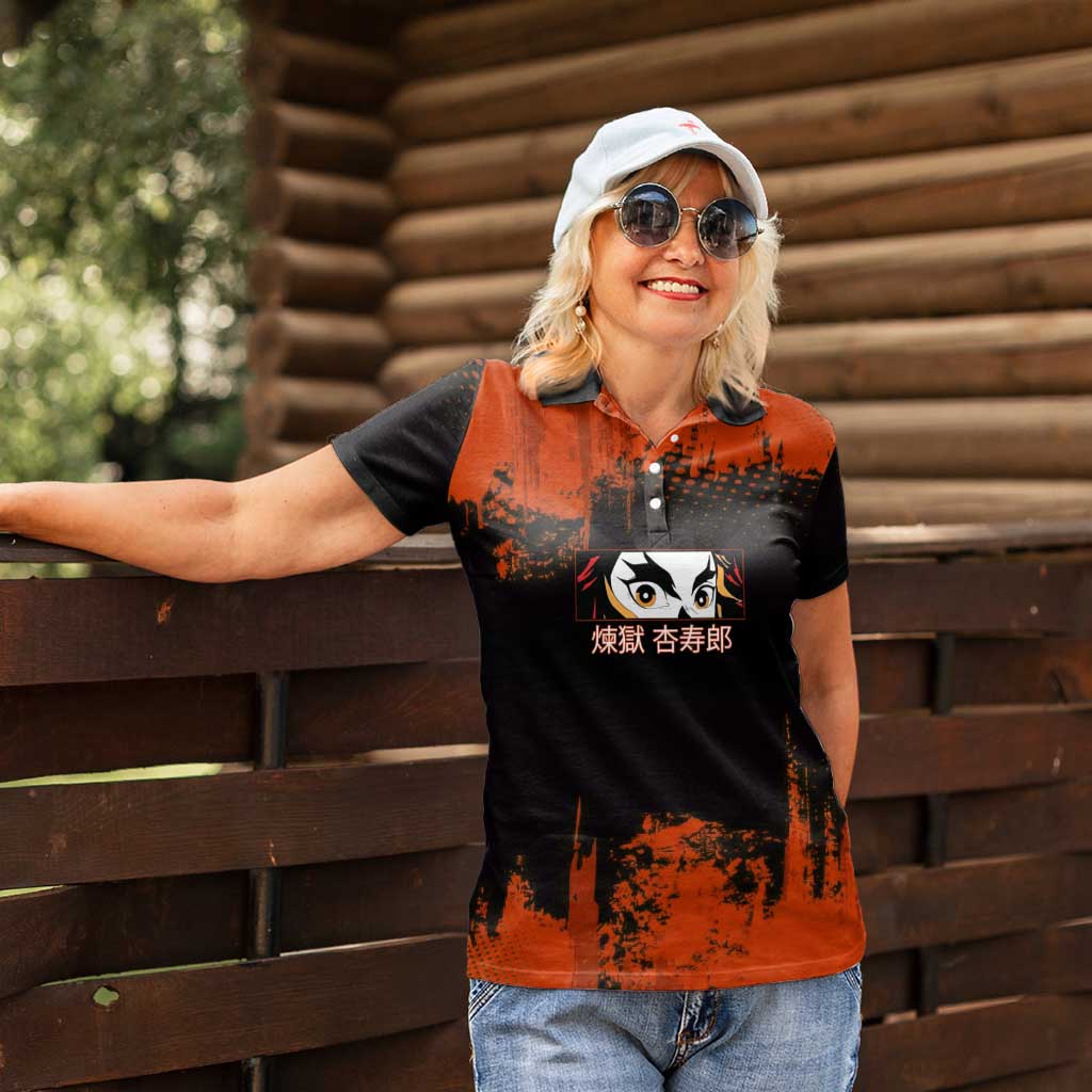 Kyojuro Rengoku Demon Slayer Black and Orange Grunge Design Women Polo Shirt with Bold Eyes and Flame Hashira Artwork - The Mazicc