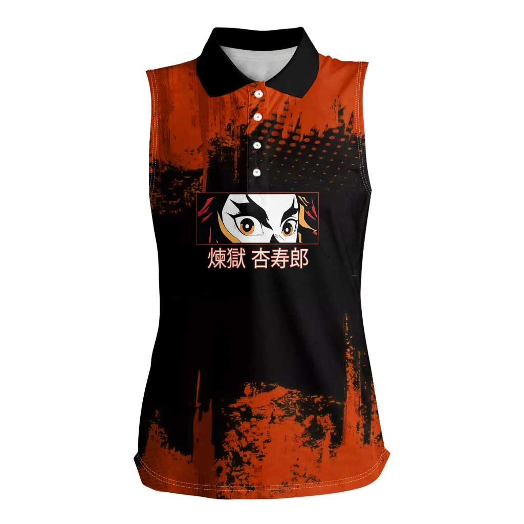 Kyojuro Rengoku Demon Slayer Black and Orange Grunge Design Women Sleeveless Polo Shirt with Bold Eyes and Flame Hashira Artwork - The Mazicc