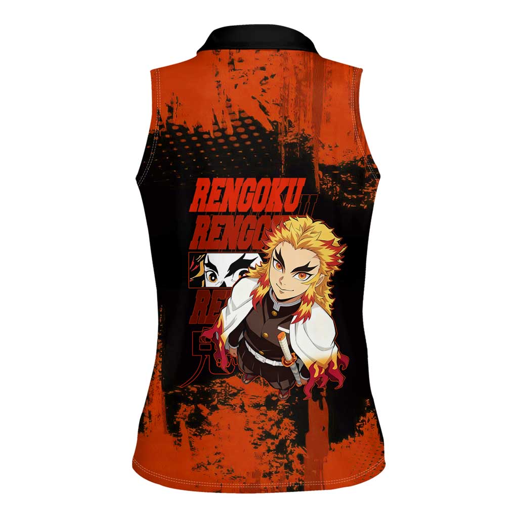 Kyojuro Rengoku Demon Slayer Black and Orange Grunge Design Women Sleeveless Polo Shirt with Bold Eyes and Flame Hashira Artwork - The Mazicc