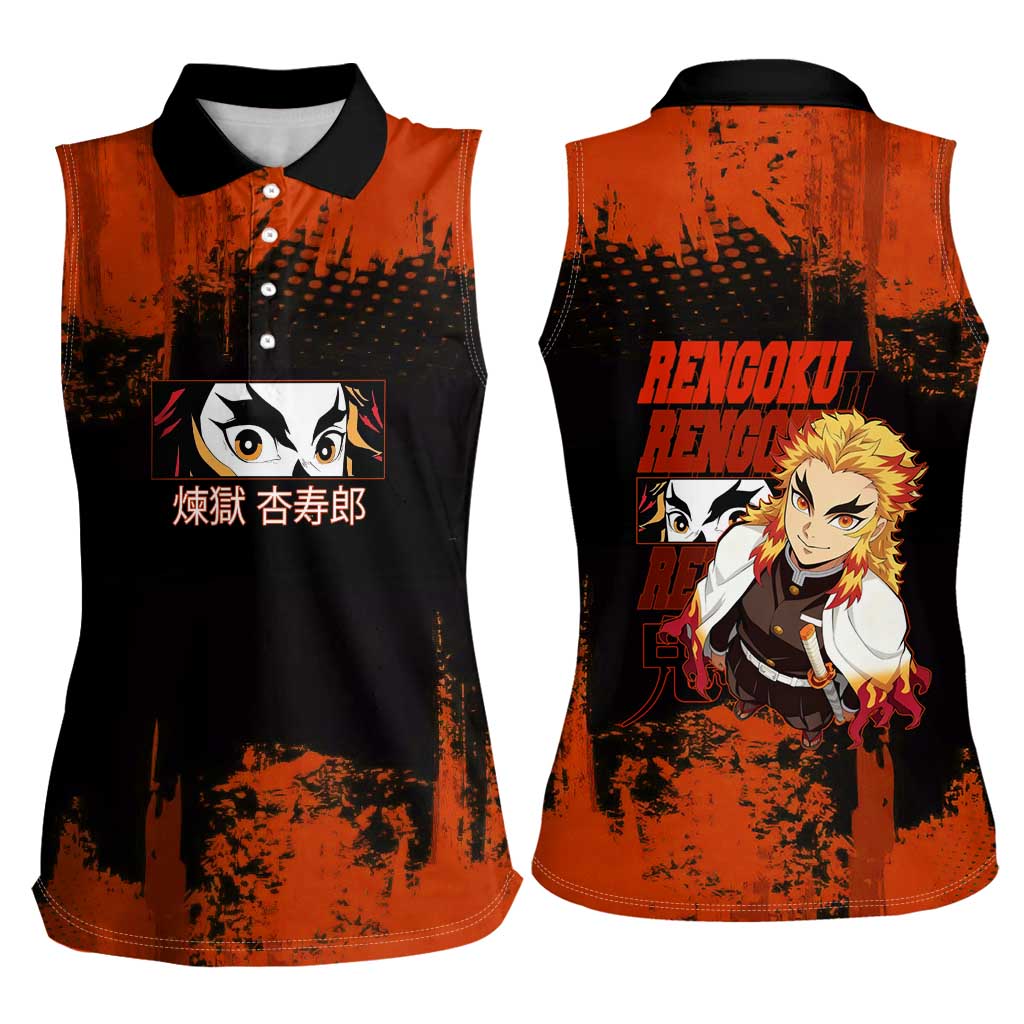 Kyojuro Rengoku Demon Slayer Black and Orange Grunge Design Women Sleeveless Polo Shirt with Bold Eyes and Flame Hashira Artwork - The Mazicc