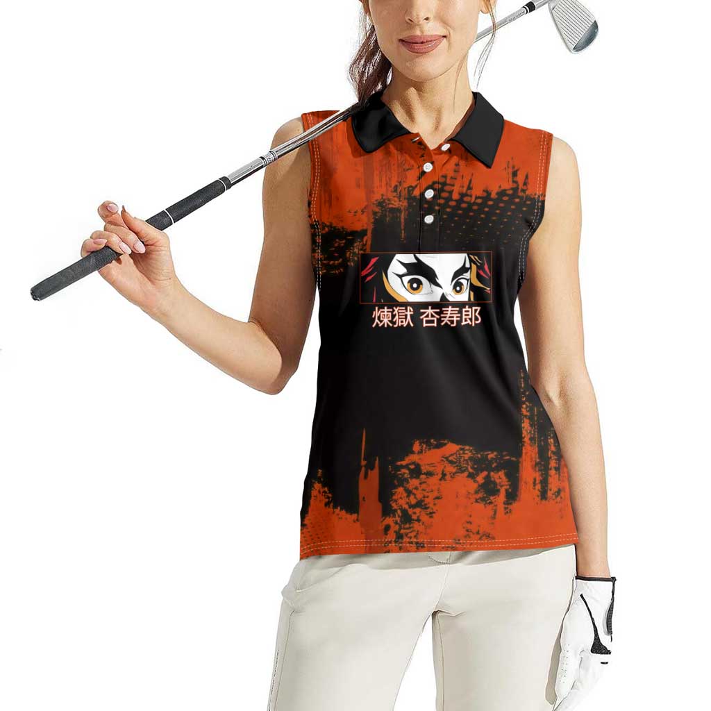 Kyojuro Rengoku Demon Slayer Black and Orange Grunge Design Women Sleeveless Polo Shirt with Bold Eyes and Flame Hashira Artwork - The Mazicc