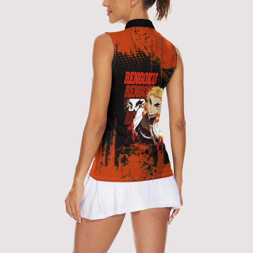 Kyojuro Rengoku Demon Slayer Black and Orange Grunge Design Women Sleeveless Polo Shirt with Bold Eyes and Flame Hashira Artwork - The Mazicc