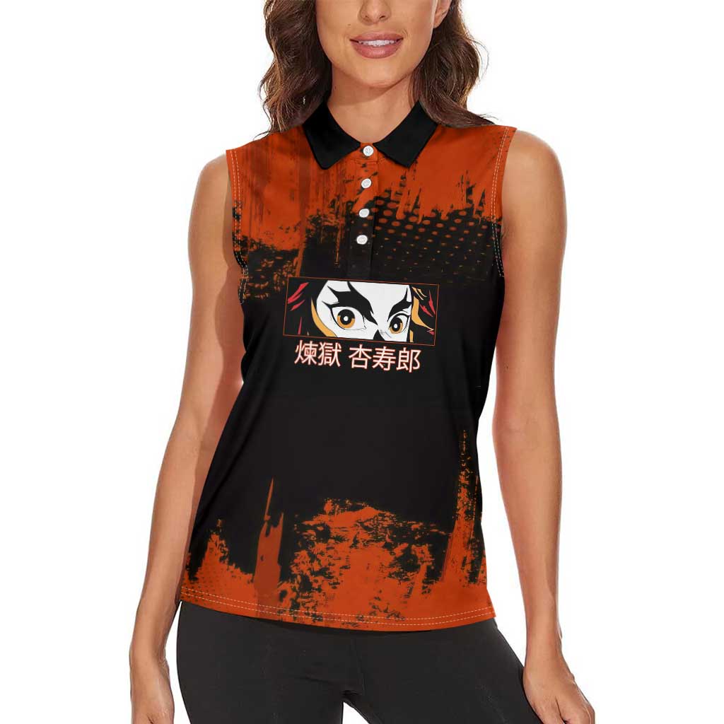 Kyojuro Rengoku Demon Slayer Black and Orange Grunge Design Women Sleeveless Polo Shirt with Bold Eyes and Flame Hashira Artwork - The Mazicc