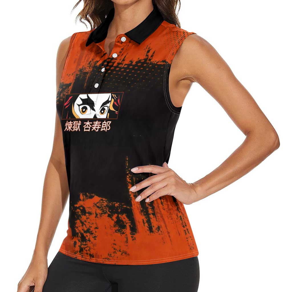 Kyojuro Rengoku Demon Slayer Black and Orange Grunge Design Women Sleeveless Polo Shirt with Bold Eyes and Flame Hashira Artwork - The Mazicc