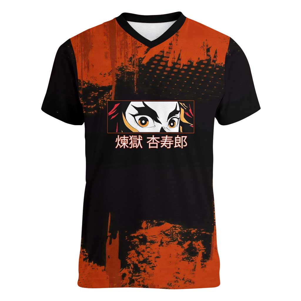 Kyojuro Rengoku Demon Slayer Black and Orange Grunge Design Women V-Neck T-Shirt with Bold Eyes and Flame Hashira Artwork - The Mazicc