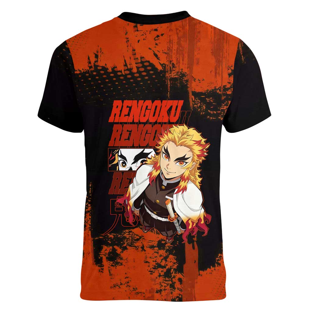 Kyojuro Rengoku Demon Slayer Black and Orange Grunge Design Women V-Neck T-Shirt with Bold Eyes and Flame Hashira Artwork - The Mazicc
