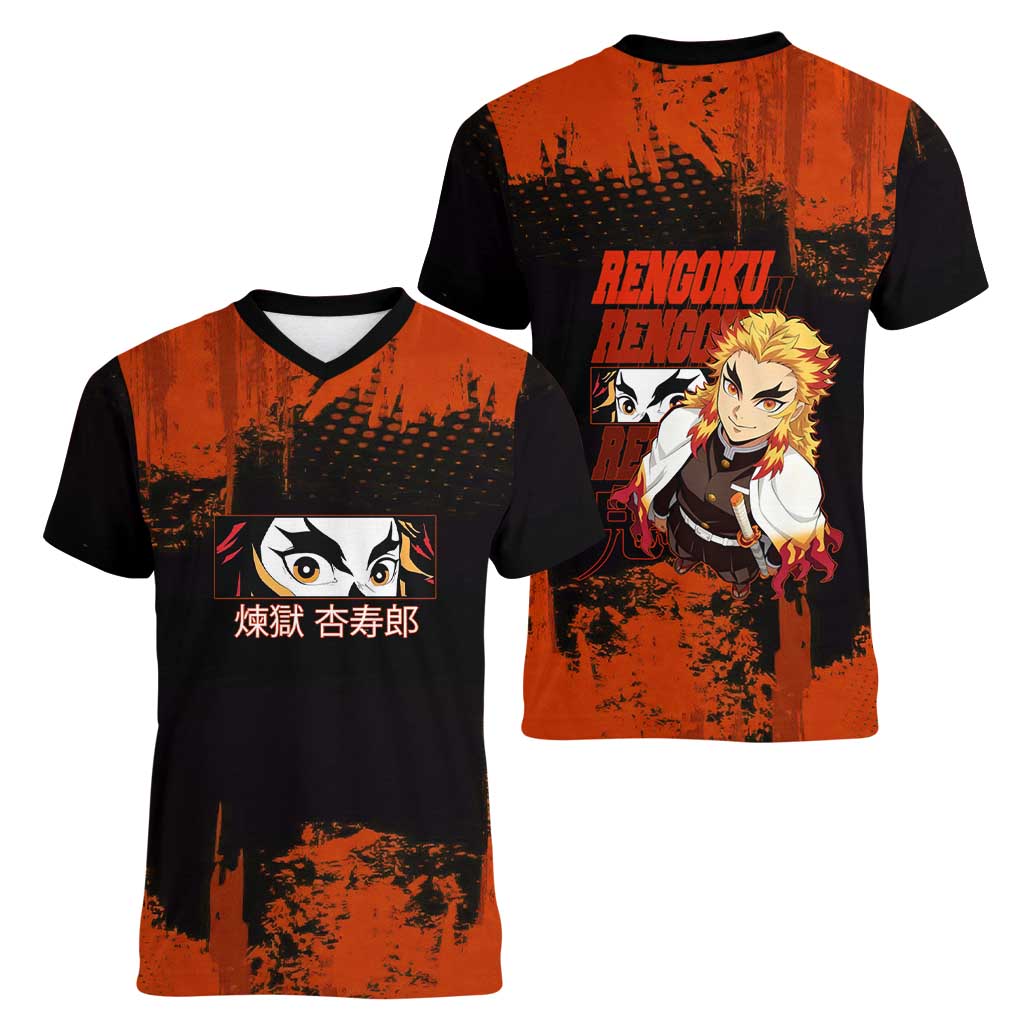 Kyojuro Rengoku Demon Slayer Black and Orange Grunge Design Women V-Neck T-Shirt with Bold Eyes and Flame Hashira Artwork - The Mazicc