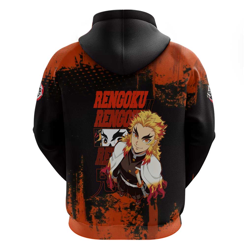 Kyojuro Rengoku Demon Slayer Black and Orange Grunge Design Zip Hoodie with Bold Eyes and Flame Hashira Artwork - The Mazicc