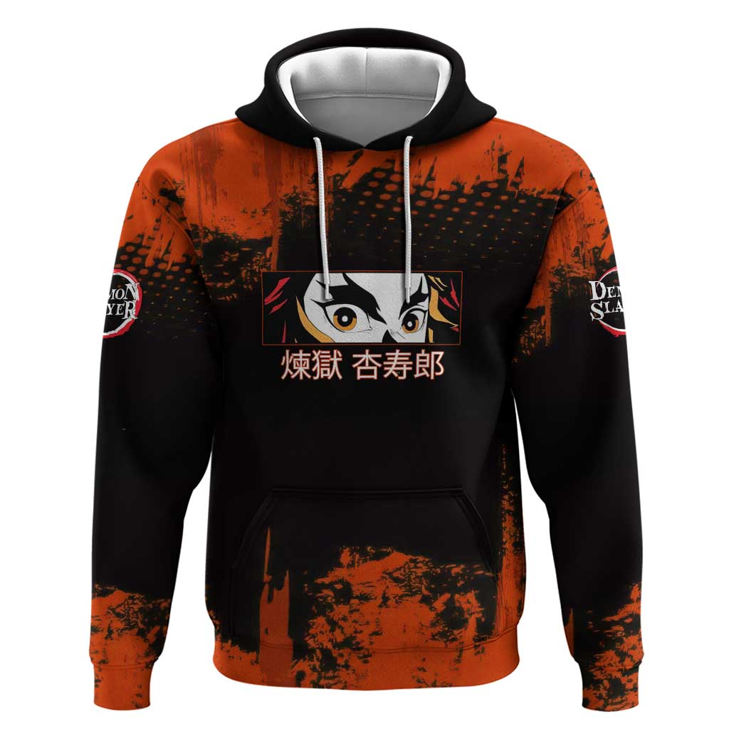 Kyojuro Rengoku Demon Slayer Black and Orange Grunge Design Zip Hoodie with Bold Eyes and Flame Hashira Artwork - The Mazicc