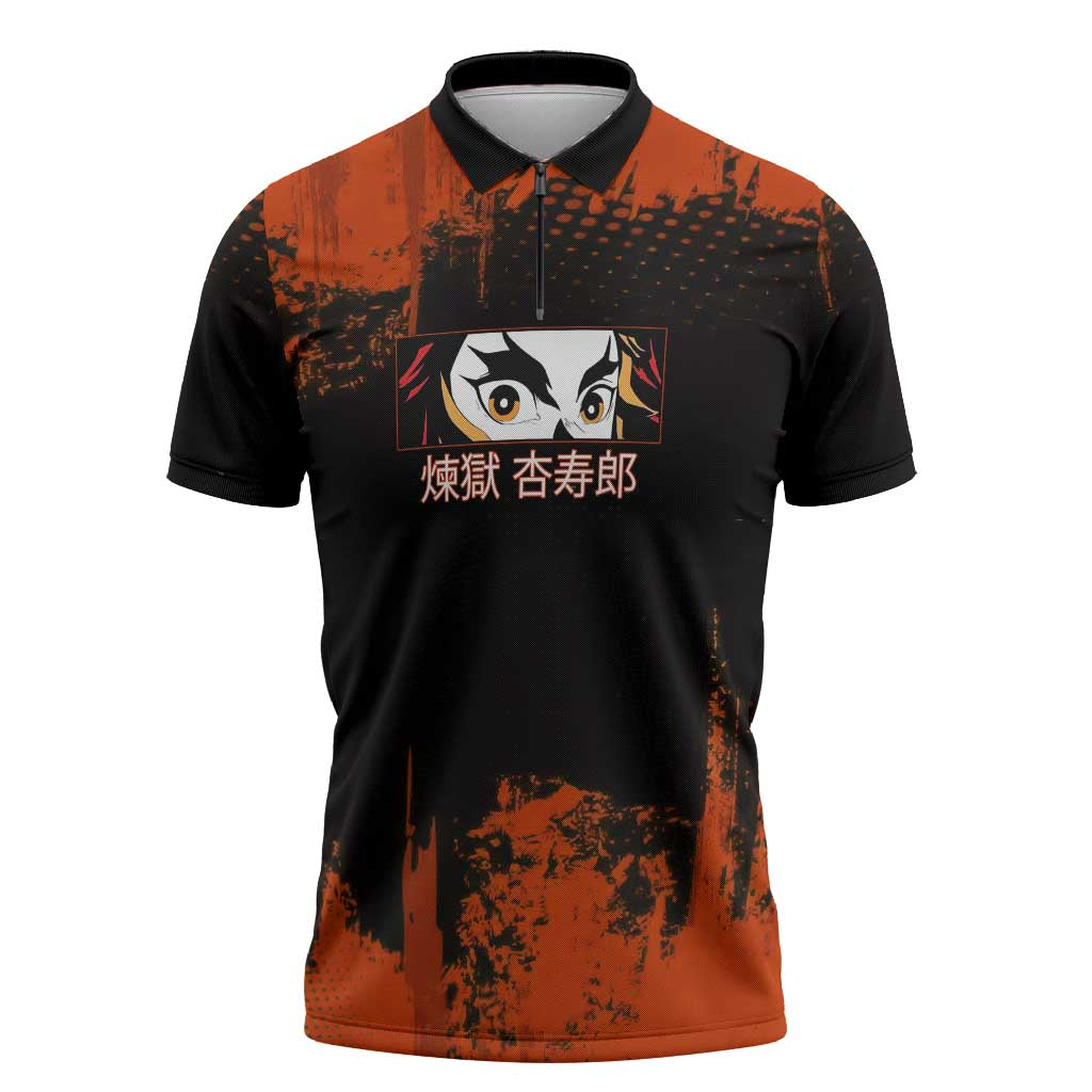 Kyojuro Rengoku Demon Slayer Black and Orange Grunge Design Zipper Polo Shirt with Bold Eyes and Flame Hashira Artwork - The Mazicc