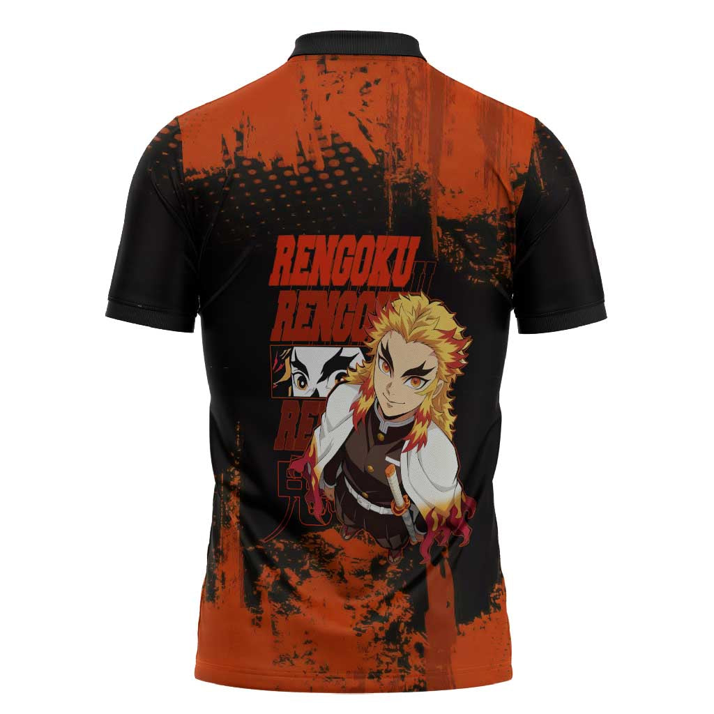 Kyojuro Rengoku Demon Slayer Black and Orange Grunge Design Zipper Polo Shirt with Bold Eyes and Flame Hashira Artwork - The Mazicc