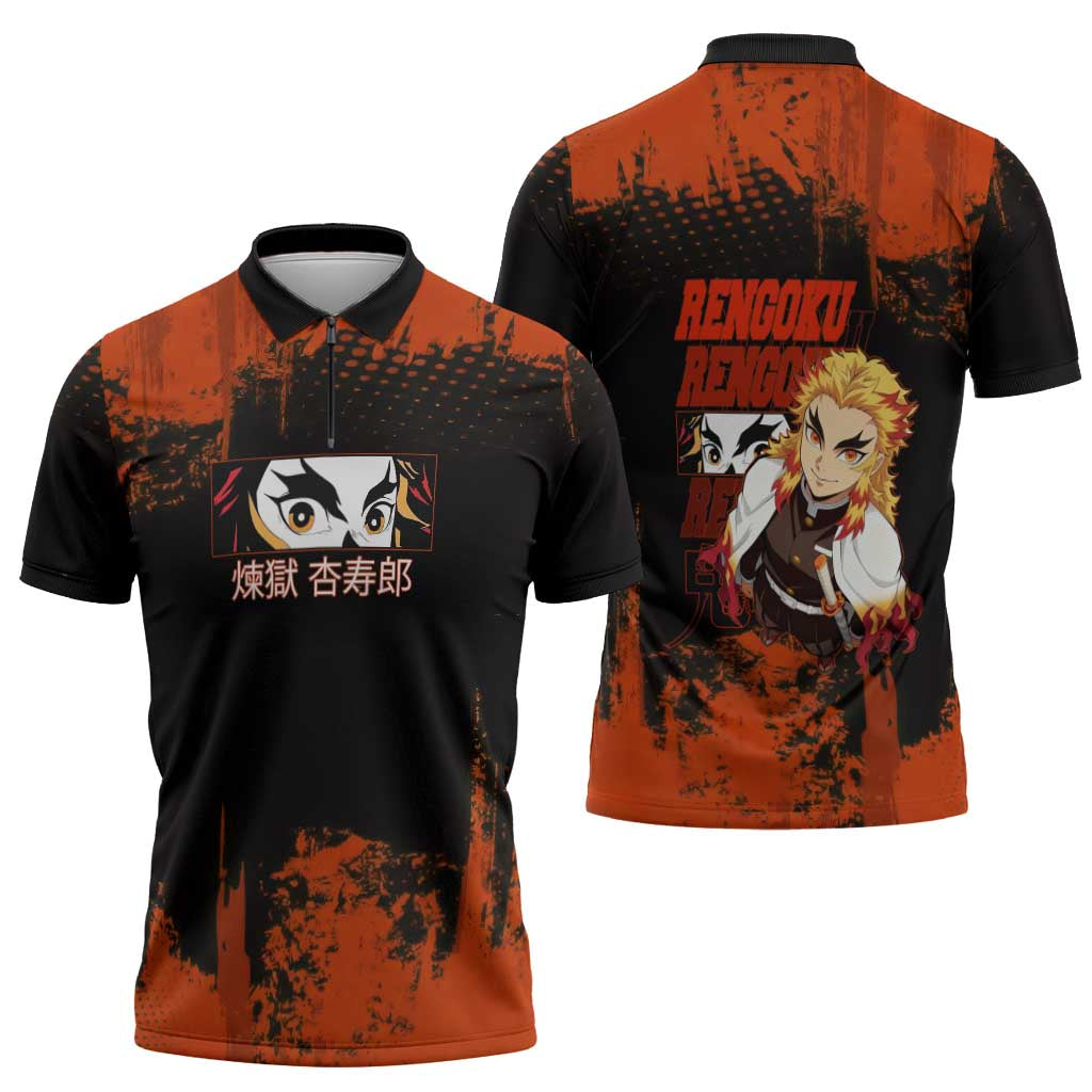 Kyojuro Rengoku Demon Slayer Black and Orange Grunge Design Zipper Polo Shirt with Bold Eyes and Flame Hashira Artwork - The Mazicc