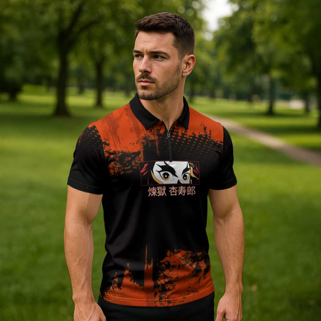 Kyojuro Rengoku Demon Slayer Black and Orange Grunge Design Zipper Polo Shirt with Bold Eyes and Flame Hashira Artwork - The Mazicc