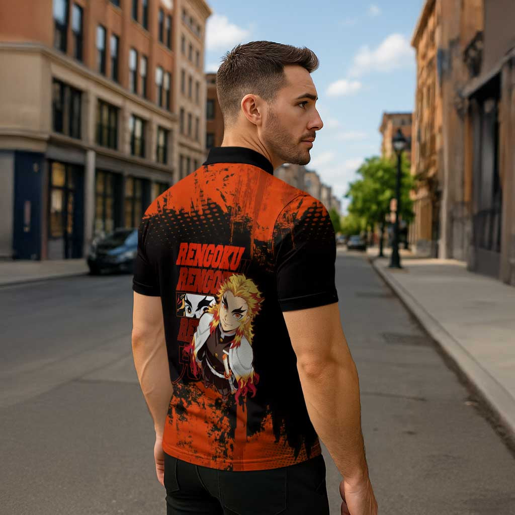 Kyojuro Rengoku Demon Slayer Black and Orange Grunge Design Zipper Polo Shirt with Bold Eyes and Flame Hashira Artwork - The Mazicc