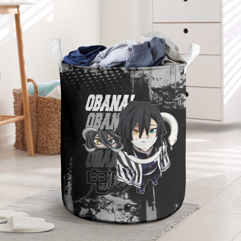 Obanai Iguro Demon Slayer Monochrome Laundry Basket Design with Snake and Grunge Texture - The Mazicc