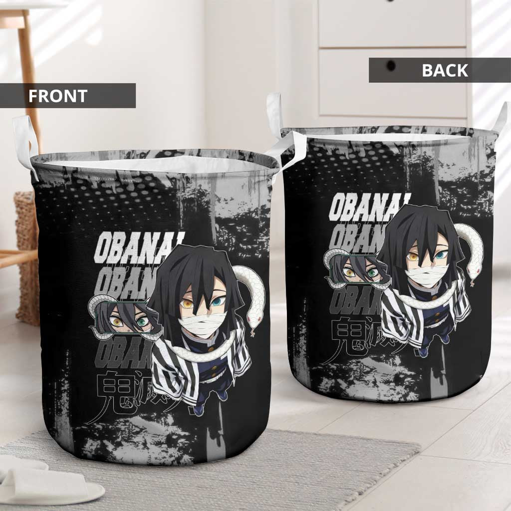 Obanai Iguro Demon Slayer Monochrome Laundry Basket Design with Snake and Grunge Texture - The Mazicc