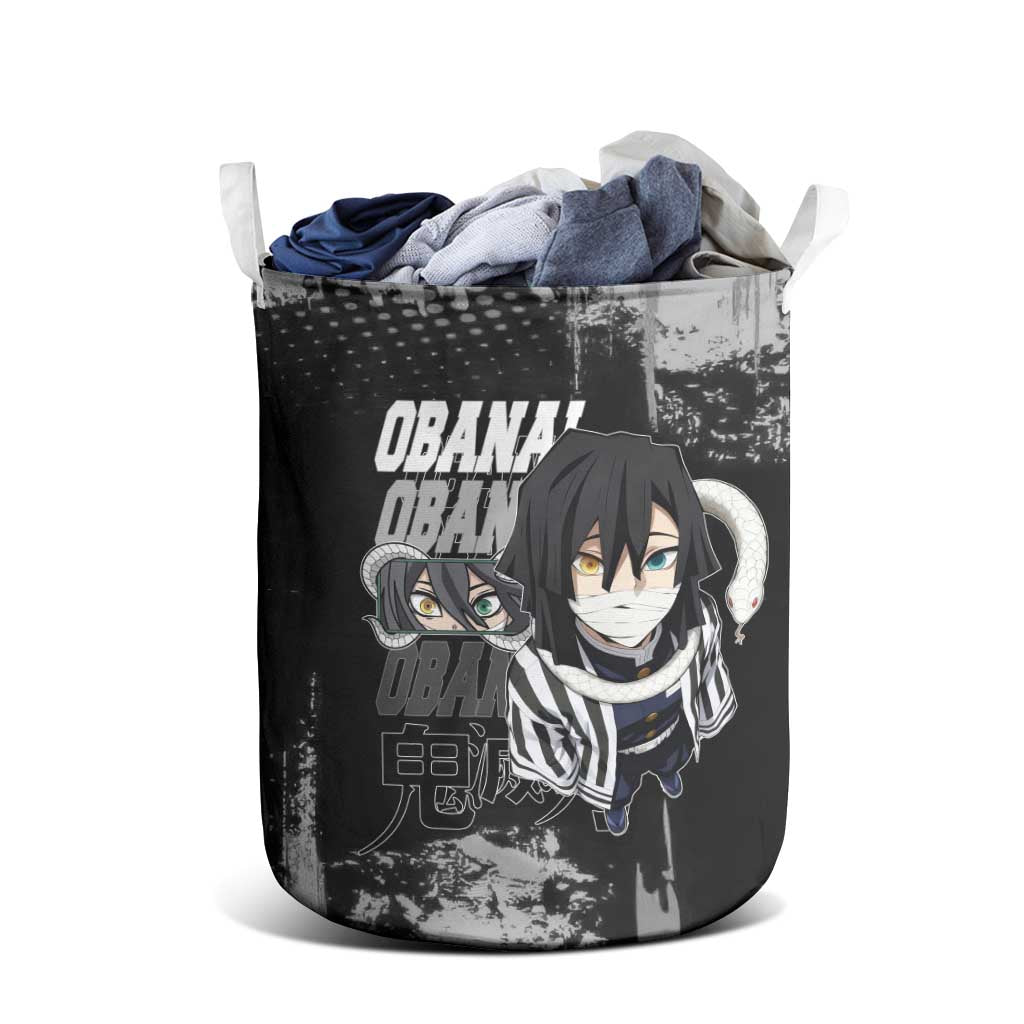 Obanai Iguro Demon Slayer Monochrome Laundry Basket Design with Snake and Grunge Texture - The Mazicc