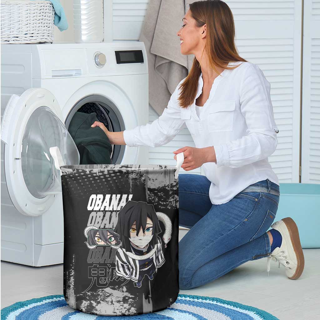 Obanai Iguro Demon Slayer Monochrome Laundry Basket Design with Snake and Grunge Texture - The Mazicc