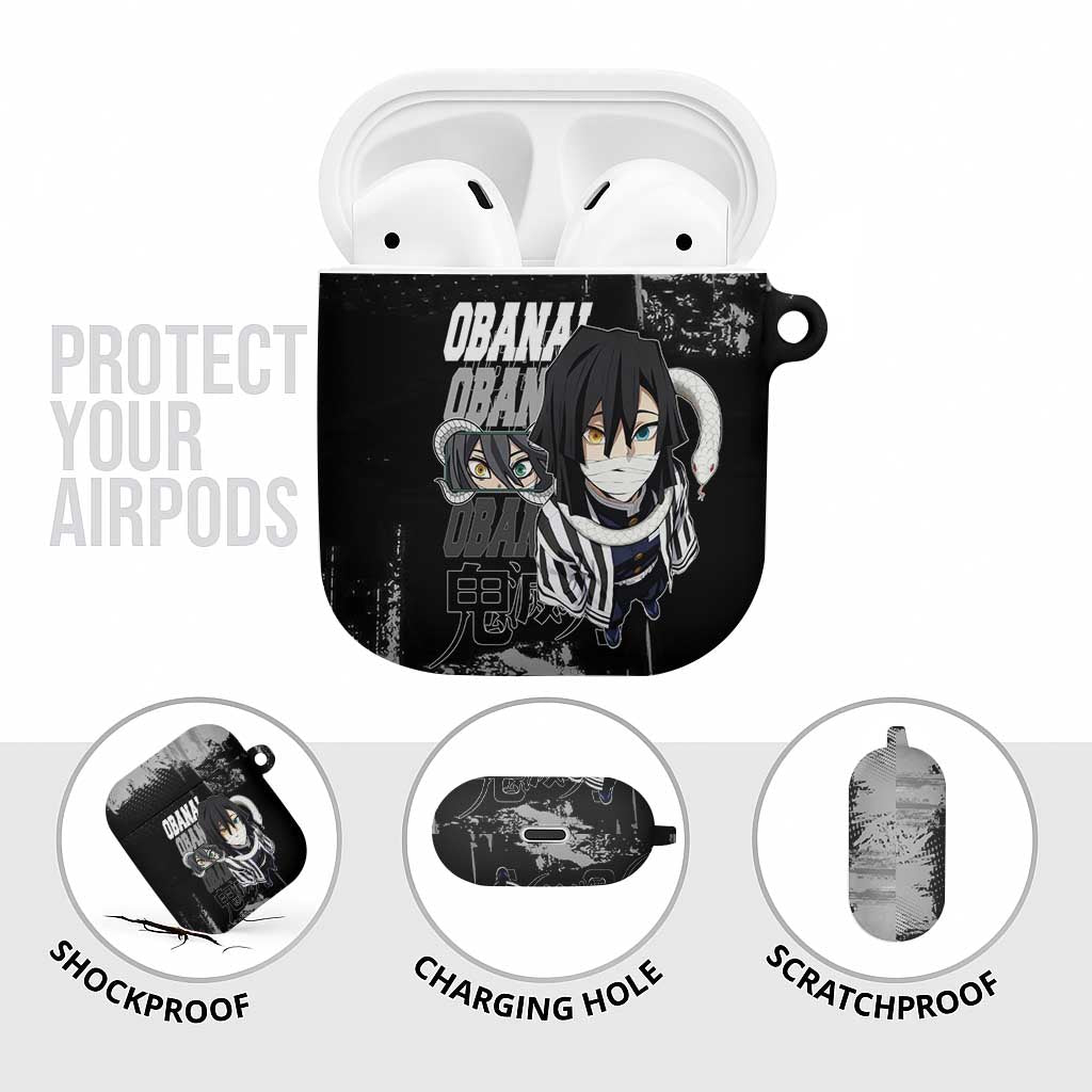 Obanai Iguro Demon Slayer Monochrome AirPods Case Design with Snake and Grunge Texture - The Mazicc