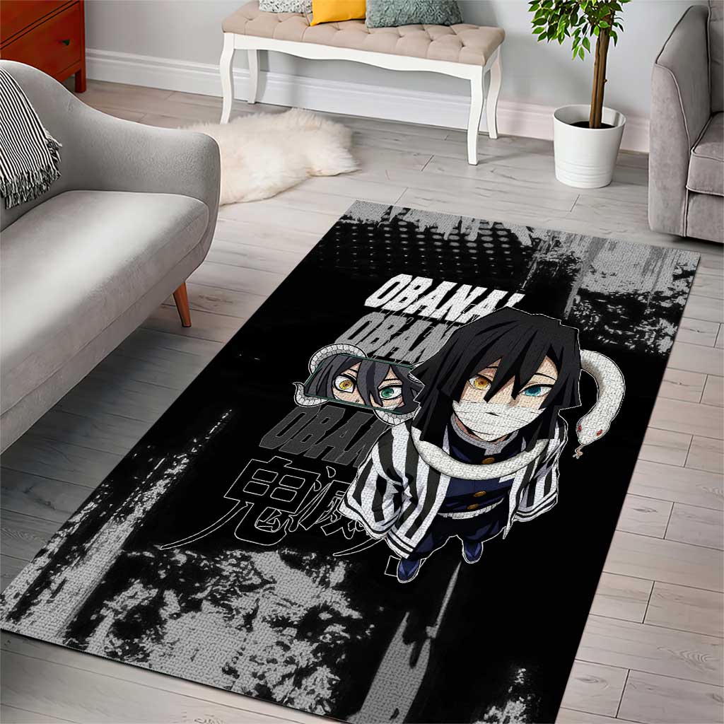 Obanai Iguro Demon Slayer Monochrome Area Rug Design with Snake and Grunge Texture - The Mazicc