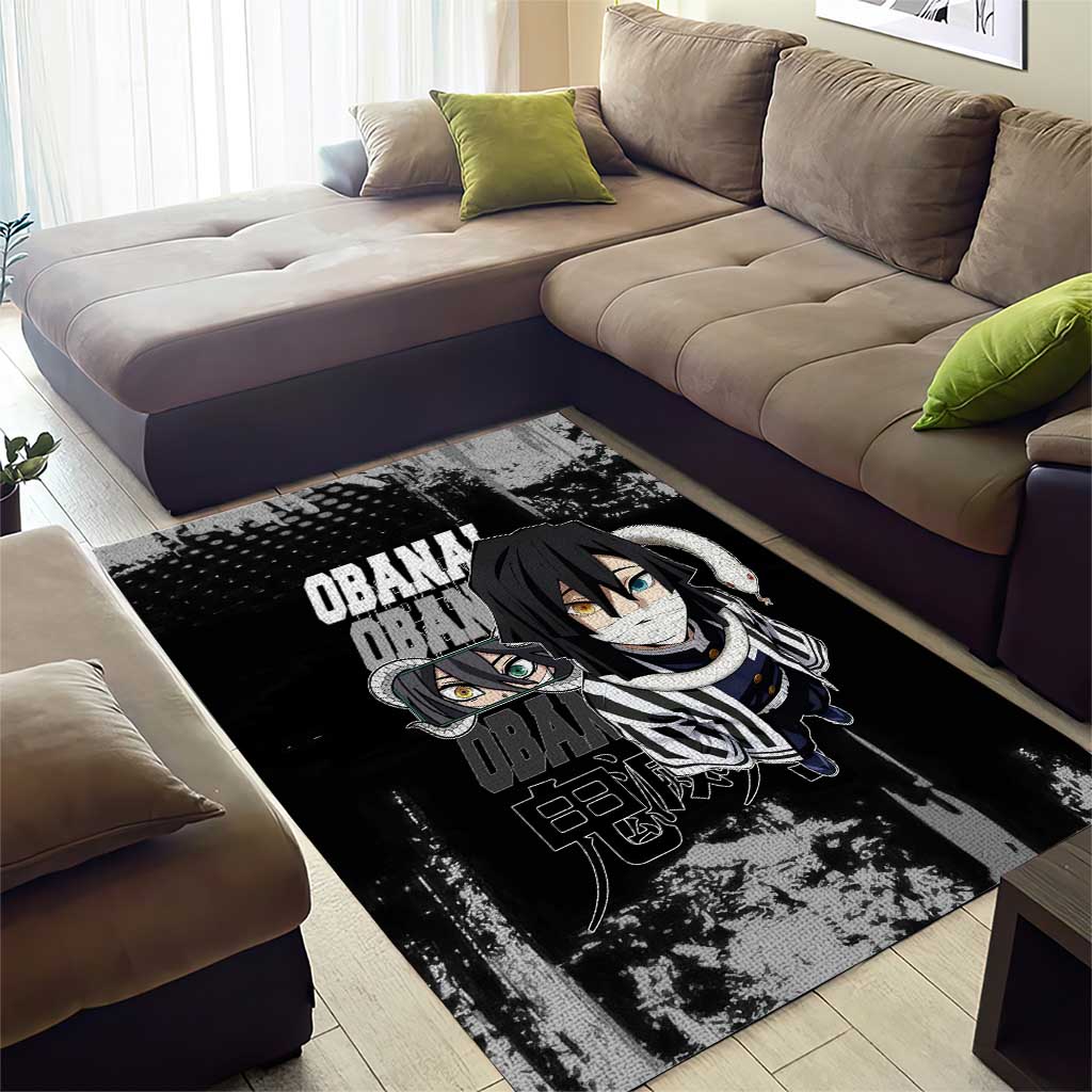 Obanai Iguro Demon Slayer Monochrome Area Rug Design with Snake and Grunge Texture - The Mazicc