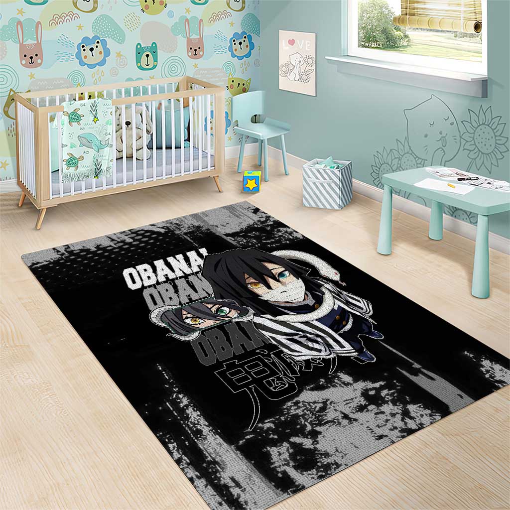 Obanai Iguro Demon Slayer Monochrome Area Rug Design with Snake and Grunge Texture - The Mazicc