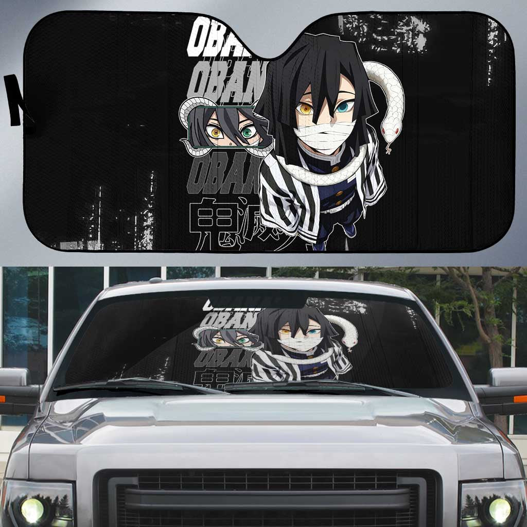 Obanai Iguro Demon Slayer Monochrome Auto Sun Shade Design with Snake and Grunge Texture - The Mazicc
