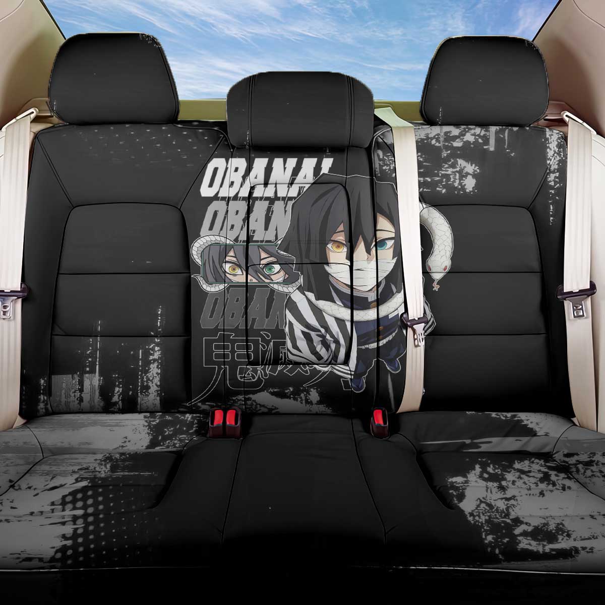 Obanai Iguro Demon Slayer Monochrome Back Car Seat Cover Design with Snake and Grunge Texture - The Mazicc