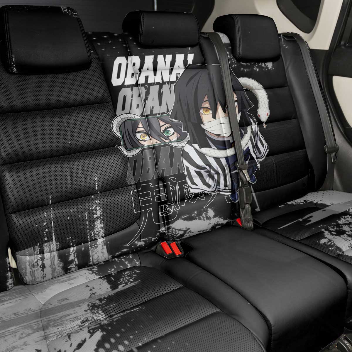 Obanai Iguro Demon Slayer Monochrome Back Car Seat Cover Design with Snake and Grunge Texture - The Mazicc