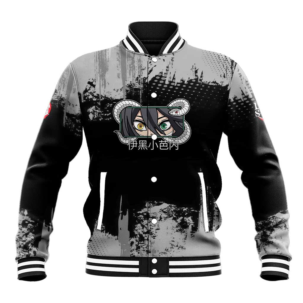 Obanai Iguro Demon Slayer Monochrome Baseball Jacket Design with Snake and Grunge Texture - The Mazicc