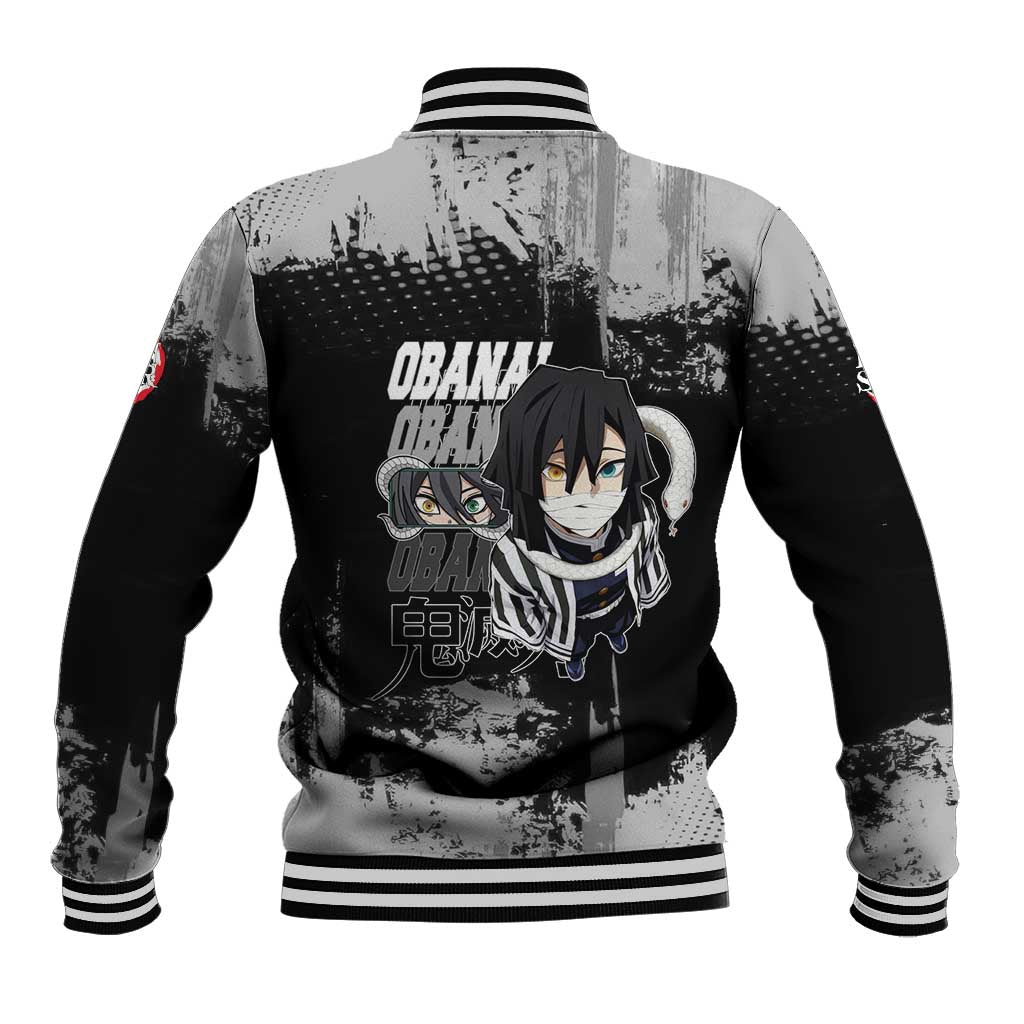 Obanai Iguro Demon Slayer Monochrome Baseball Jacket Design with Snake and Grunge Texture - The Mazicc