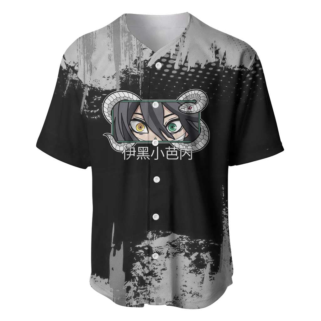 Obanai Iguro Demon Slayer Monochrome Baseball Jersey Design with Snake and Grunge Texture - The Mazicc