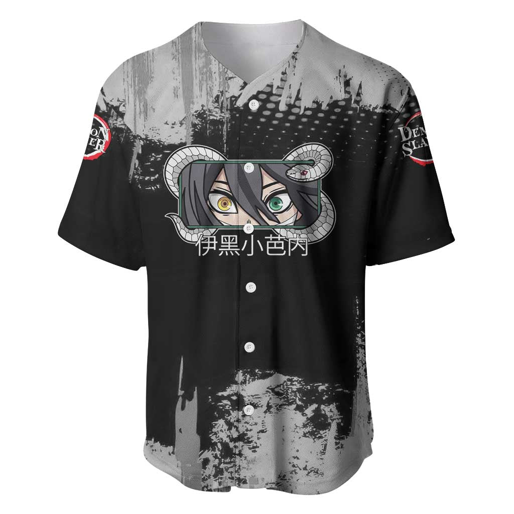 Obanai Iguro Demon Slayer Monochrome Baseball Jersey Design with Snake and Grunge Texture - The Mazicc