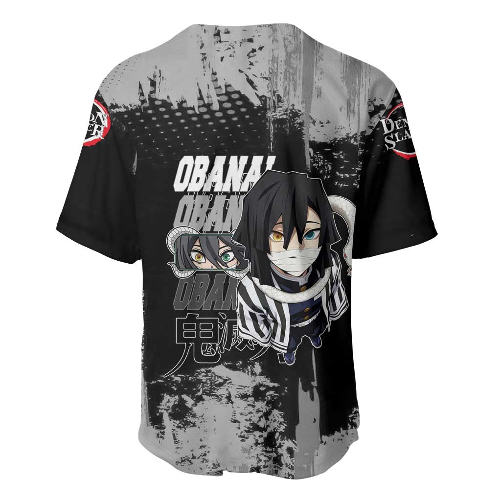 Obanai Iguro Demon Slayer Monochrome Baseball Jersey Design with Snake and Grunge Texture - The Mazicc