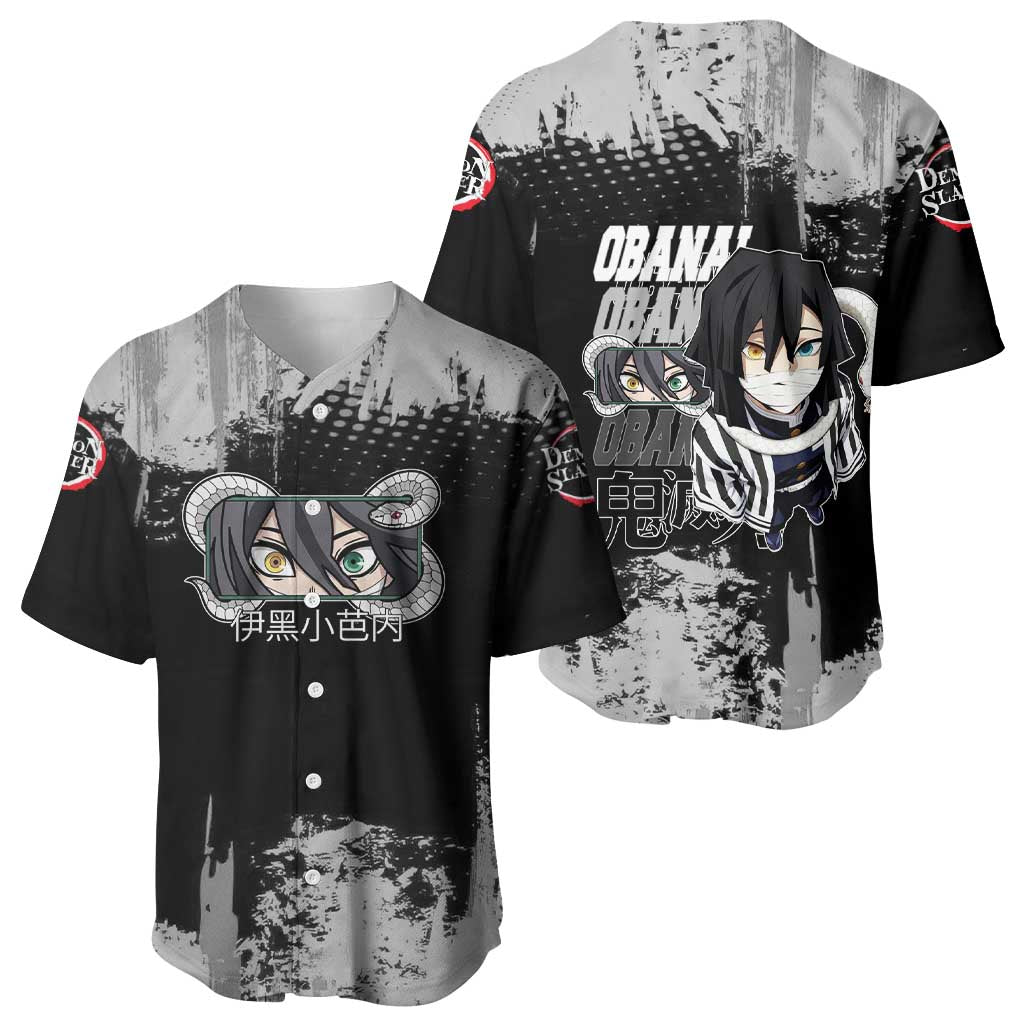 Obanai Iguro Demon Slayer Monochrome Baseball Jersey Design with Snake and Grunge Texture - The Mazicc