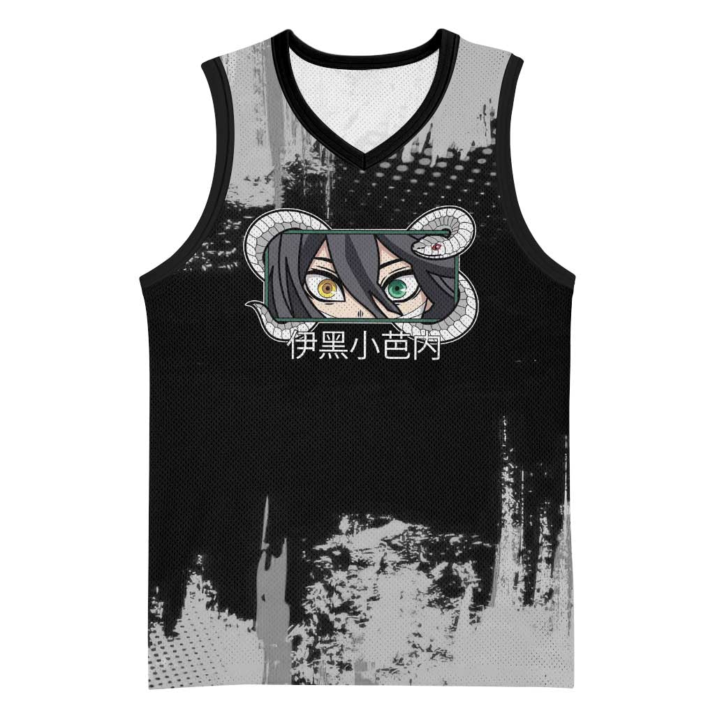 Obanai Iguro Demon Slayer Monochrome Basketball Jersey Design with Snake and Grunge Texture - The Mazicc