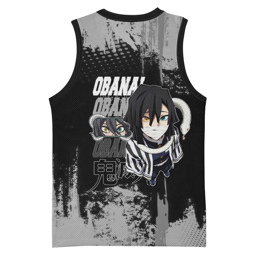 Obanai Iguro Demon Slayer Monochrome Basketball Jersey Design with Snake and Grunge Texture - The Mazicc