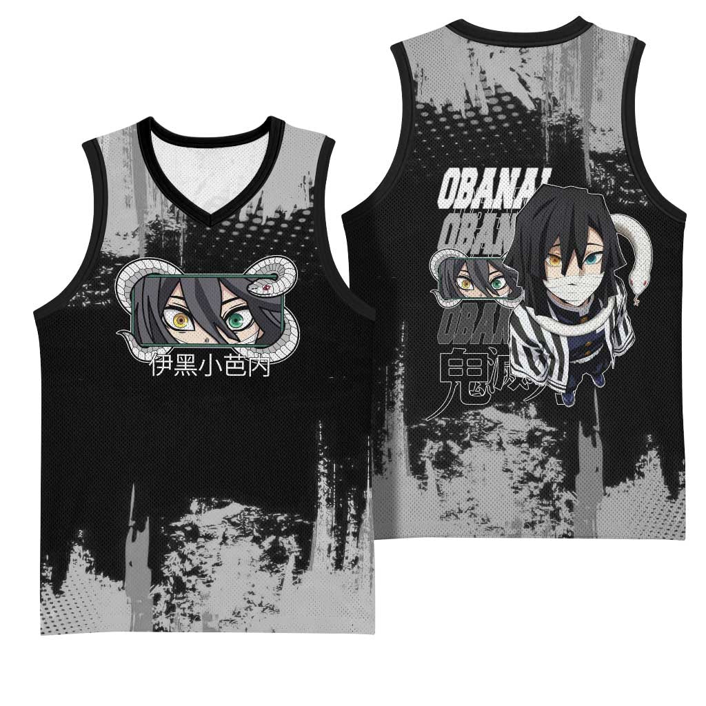 Obanai Iguro Demon Slayer Monochrome Basketball Jersey Design with Snake and Grunge Texture - The Mazicc