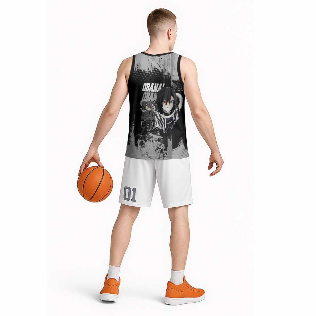 Obanai Iguro Demon Slayer Monochrome Basketball Jersey Design with Snake and Grunge Texture - The Mazicc