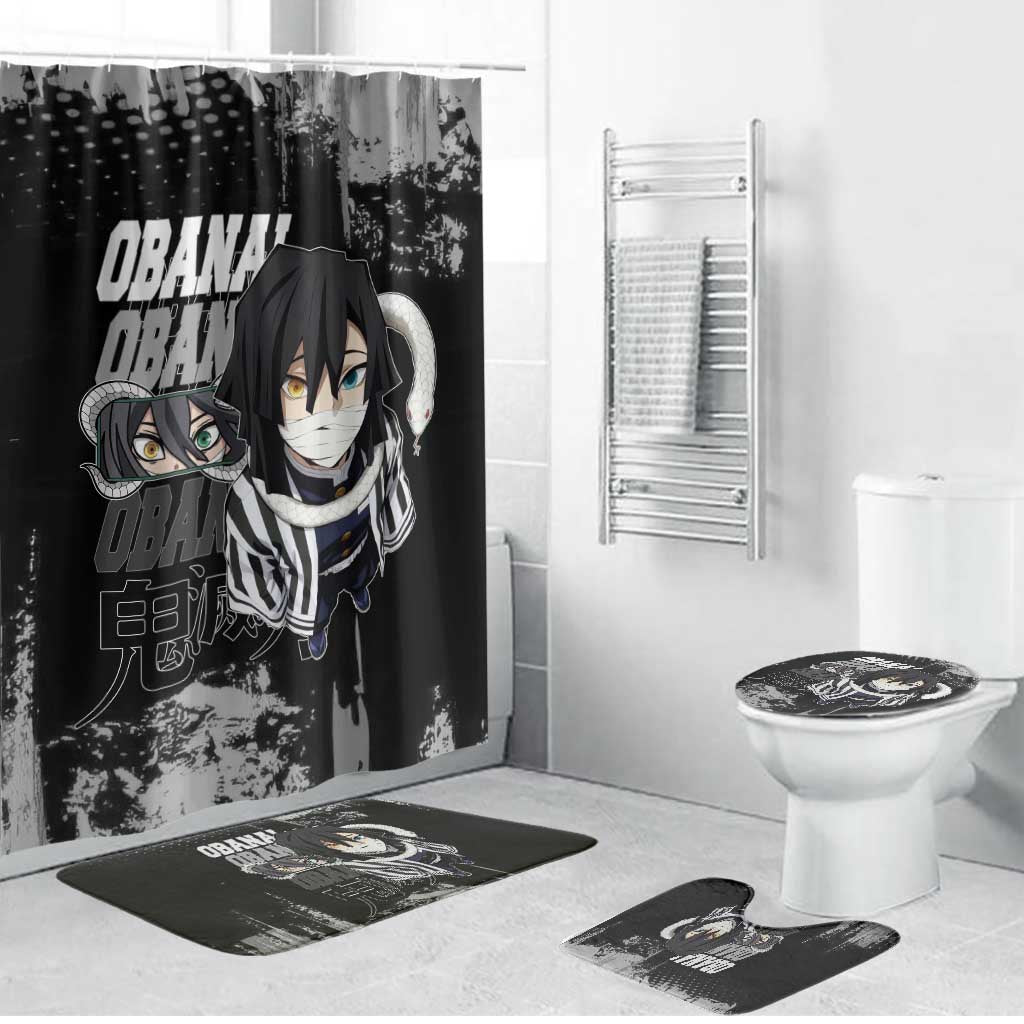 Obanai Iguro Demon Slayer Monochrome Bathroom Set Design with Snake and Grunge Texture - The Mazicc