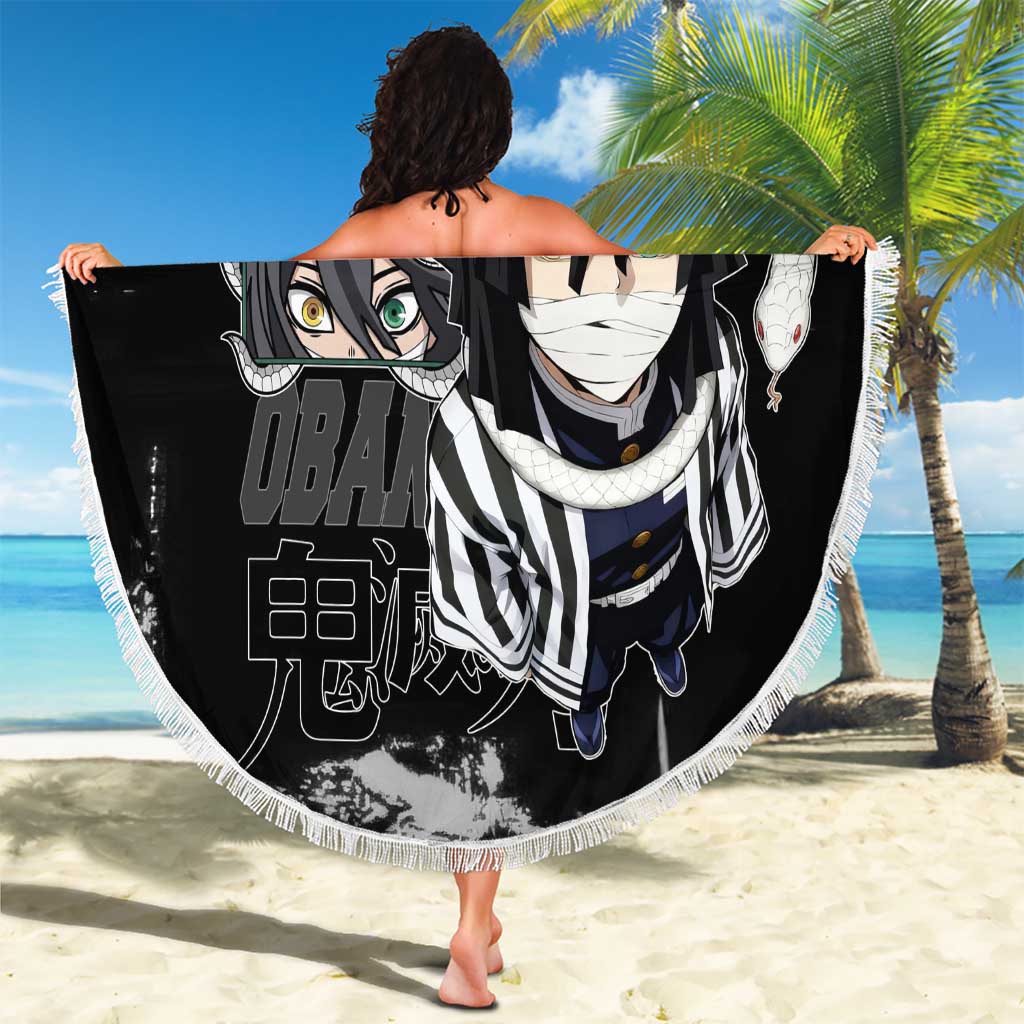 Obanai Iguro Demon Slayer Monochrome Beach Blanket Design with Snake and Grunge Texture - The Mazicc