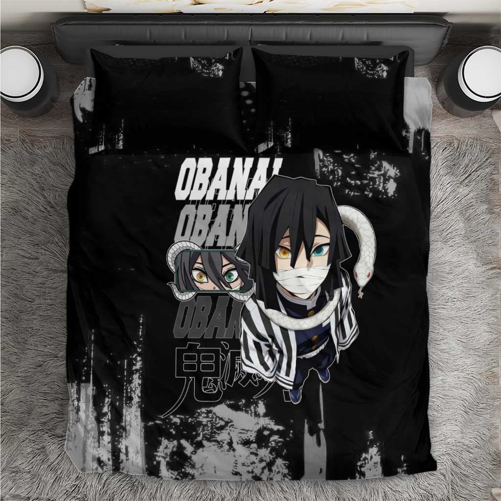 Obanai Iguro Demon Slayer Monochrome Bedding Set Design with Snake and Grunge Texture - The Mazicc