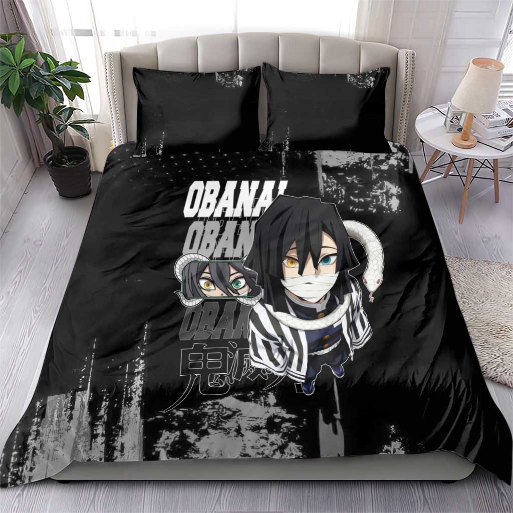 Obanai Iguro Demon Slayer Monochrome Bedding Set Design with Snake and Grunge Texture - The Mazicc