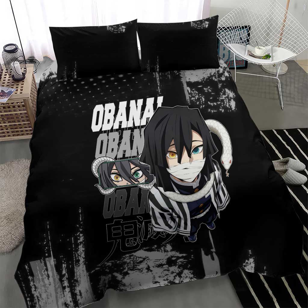 Obanai Iguro Demon Slayer Monochrome Bedding Set Design with Snake and Grunge Texture - The Mazicc