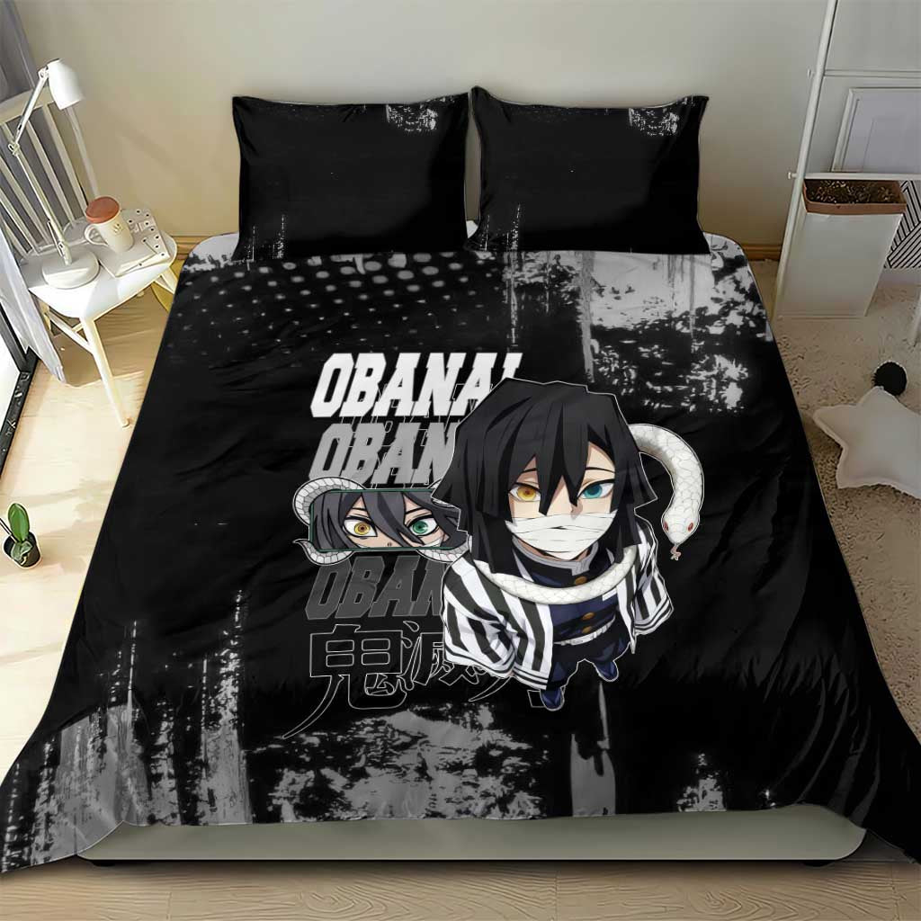 Obanai Iguro Demon Slayer Monochrome Bedding Set Design with Snake and Grunge Texture - The Mazicc