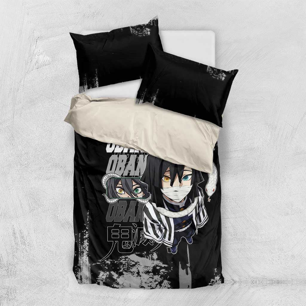 Obanai Iguro Demon Slayer Monochrome Bedding Set Design with Snake and Grunge Texture - The Mazicc