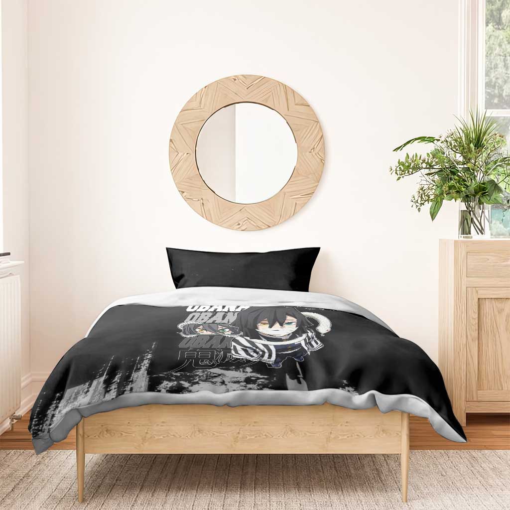 Obanai Iguro Demon Slayer Monochrome Bedding Set Design with Snake and Grunge Texture - The Mazicc